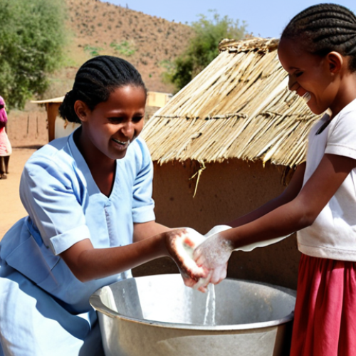 Home 11 **Image Prompt:** A vibrant scene in a rural Eritrean village showcasing children enthusiastically washing their hands with soap and water at a newly installed handwashing station. In the background, a community health worker is educating parents about the importance of hygiene.