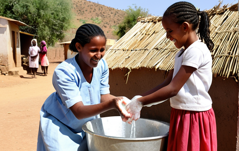 **Image Prompt:** A vibrant scene in a rural Eritrean village showcasing children enthusiastically washing their hands with soap and water at a newly installed handwashing station. In the background, a community health worker is educating parents about the importance of hygiene.