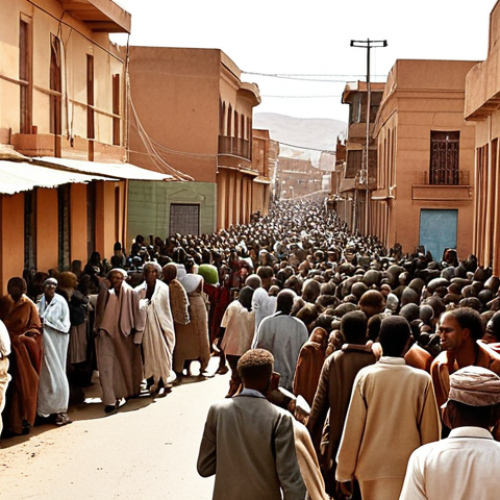 Home 6 **
A crowded street scene in Asmara, Eritrea. Show a mix of traditional architecture with visible signs of poverty. Depict people looking weary, some queuing for basic necessities. The overall mood should be muted and convey a sense of hardship, reflecting the economic challenges faced by Eritreans. Consider a "sepia tone" filter to enhance the feeling of a struggling nation.
**