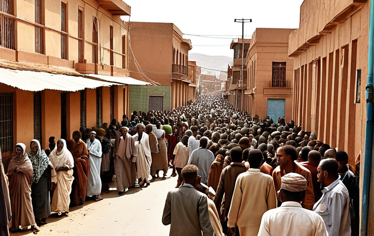 **
A crowded street scene in Asmara, Eritrea. Show a mix of traditional architecture with visible signs of poverty. Depict people looking weary, some queuing for basic necessities. The overall mood should be muted and convey a sense of hardship, reflecting the economic challenges faced by Eritreans. Consider a "sepia tone" filter to enhance the feeling of a struggling nation.
**