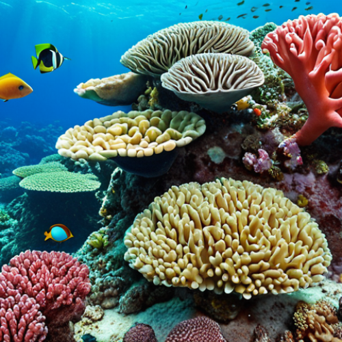 ** A vibrant coral reef scene in the Eritrean Red Sea. Include colorful fish, diverse coral formations, and clear, turquoise water. Focus on capturing the health and biodiversity of the reef.

**