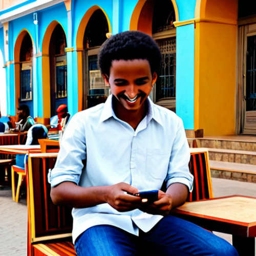 Mobile Gaming in Eritrea**

"A young Eritrean man fully clothed in casual, modest attire, sitting outdoors at a cafe in Asmara, Eritrea, playing a mobile game on his smartphone. He is smiling and appears to be enjoying himself. Background includes other people and a vibrant street scene with traditional Eritrean architecture. Safe for work, appropriate content, fully clothed, family-friendly. Perfect anatomy, correct proportions, natural pose, well-formed hands, proper finger count, natural body proportions, professional photography, high quality."

**