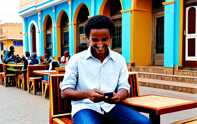 Mobile Gaming in Eritrea**

"A young Eritrean man fully clothed in casual, modest attire, sitting outdoors at a cafe in Asmara, Eritrea, playing a mobile game on his smartphone. He is smiling and appears to be enjoying himself. Background includes other people and a vibrant street scene with traditional Eritrean architecture. Safe for work, appropriate content, fully clothed, family-friendly. Perfect anatomy, correct proportions, natural pose, well-formed hands, proper finger count, natural body proportions, professional photography, high quality."

**
