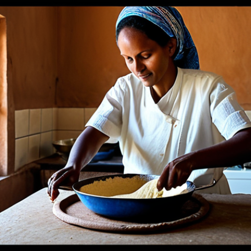 Injera Making**

"A Eritrean woman in traditional, modest clothing, carefully pouring teff batter onto a large, round 'mitad' to cook injera. The scene is set in a clean, well-lit Eritrean kitchen.  Family-friendly, safe for work, appropriate content, fully clothed, perfect anatomy, natural proportions, professional food photography, high quality, showcasing the injera-making process."

**