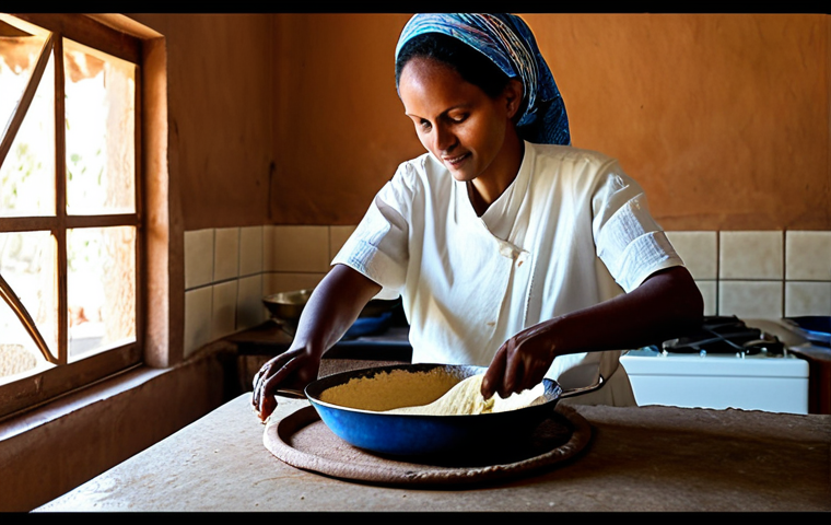 Injera Making**

"A Eritrean woman in traditional, modest clothing, carefully pouring teff batter onto a large, round 'mitad' to cook injera. The scene is set in a clean, well-lit Eritrean kitchen.  Family-friendly, safe for work, appropriate content, fully clothed, perfect anatomy, natural proportions, professional food photography, high quality, showcasing the injera-making process."

**
