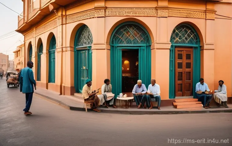에리트레아 여행 일정 추천 - **Prompt:** A vibrant, sun-drenched street scene in Asmara, Eritrea, capturing the city's distinctiv...