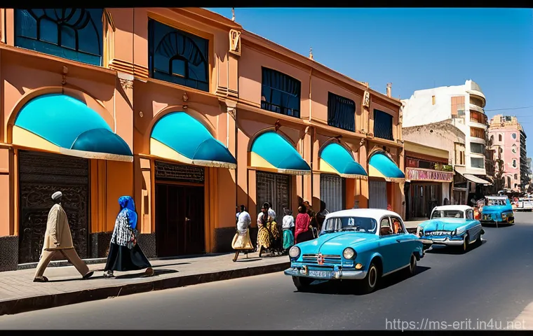 에리트레아의 도시 계획 - "A bustling street scene in Asmara, Eritrea, showcasing its distinctive 1930s Italian Modernist arch...